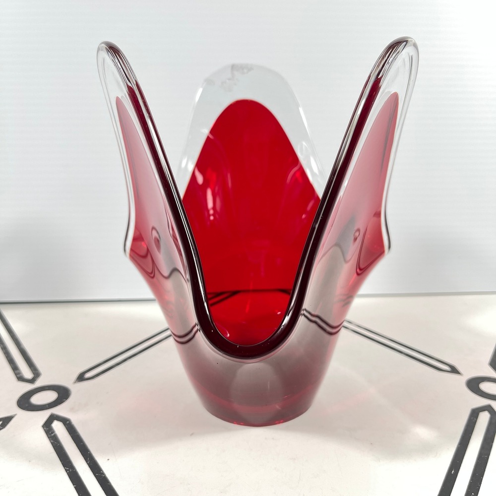 VTG Murano Style Ruby Red Handkerchief Art Glass Vase Mid-Century Modern 7.25"